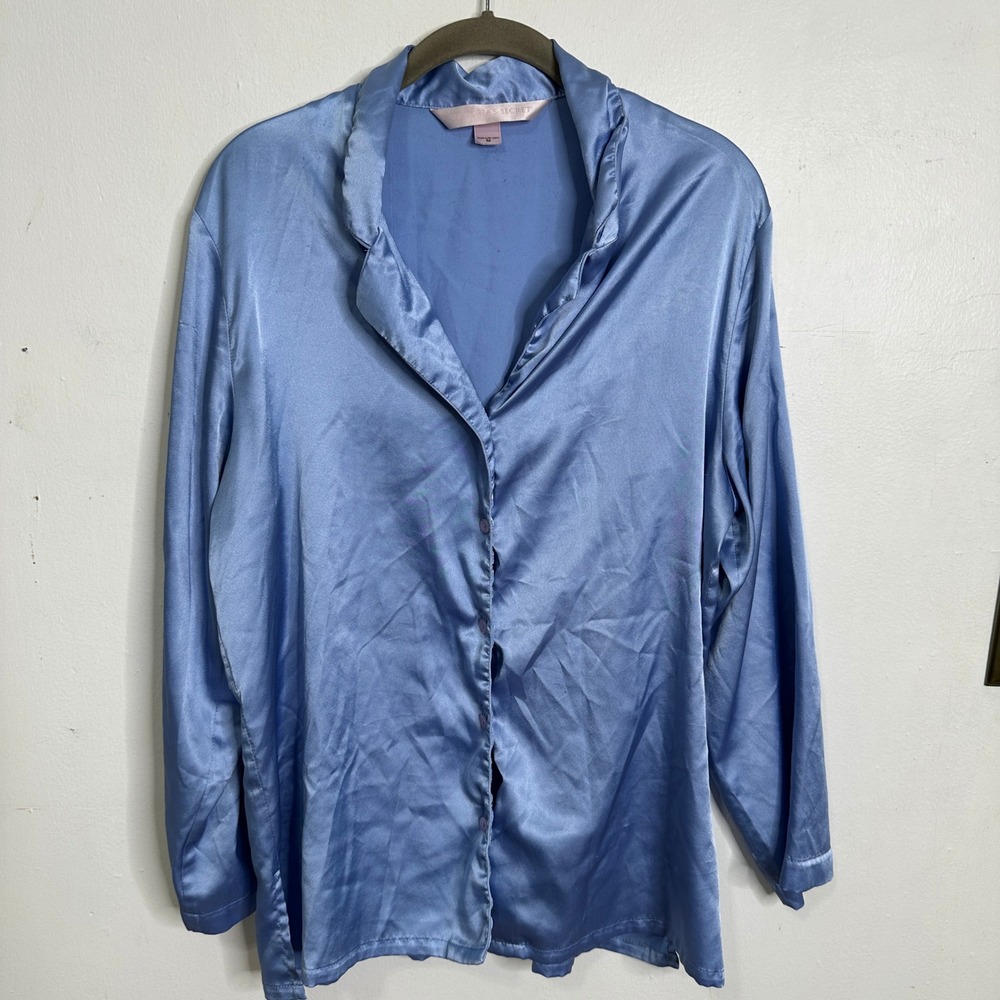 Victorias Secret Blue Satin‎ Pajama Top Long Sleeve Button Up Sleep Shirt M READ